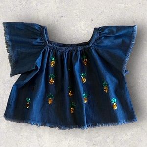 Piazza Italia Girls Frayed Blue Sequins Pineapples Size 11-12 Good Condition!!